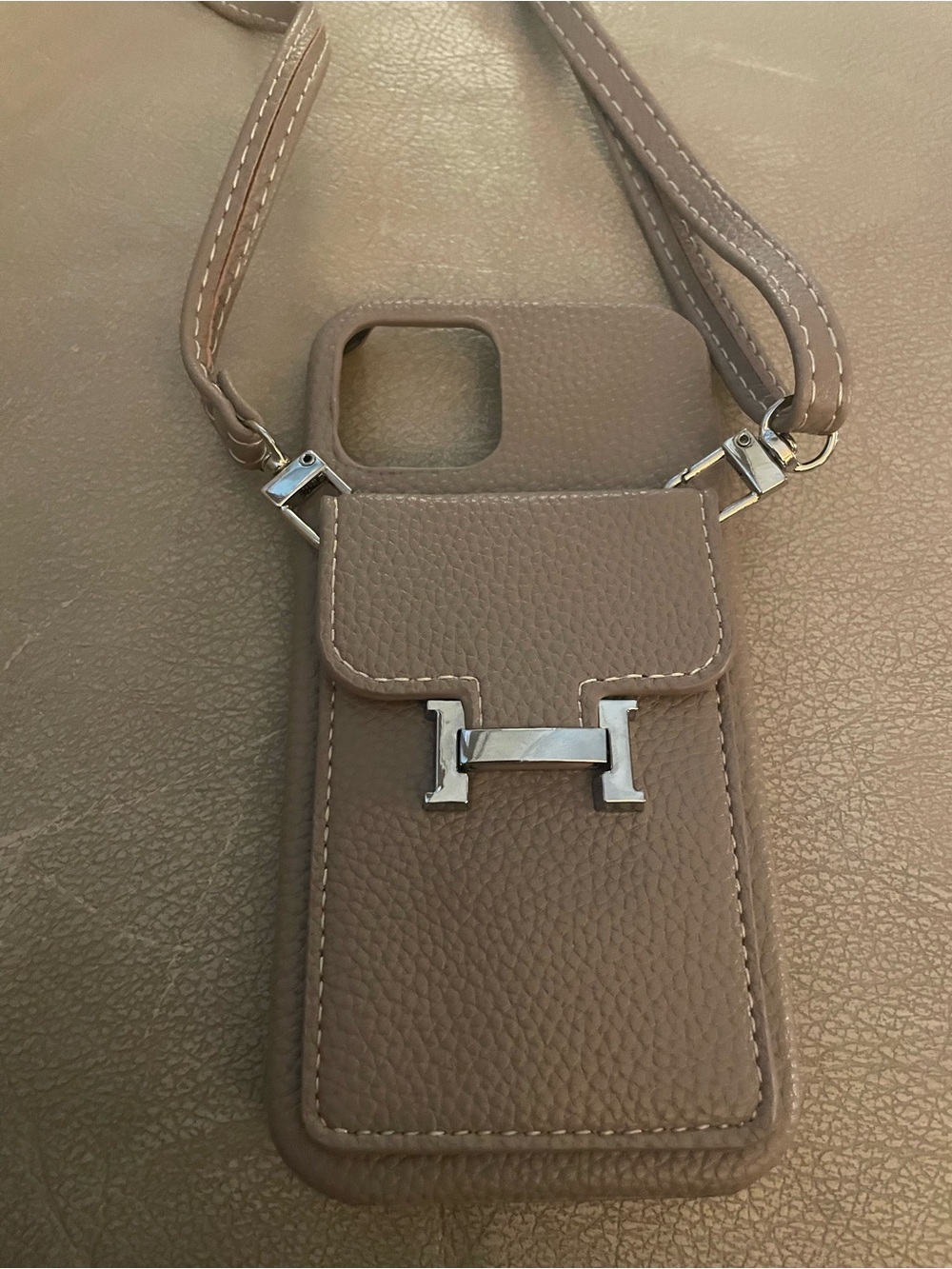 Brand new crossbody Phone Pouch in Taupe with Silver Hardware for 12 pro